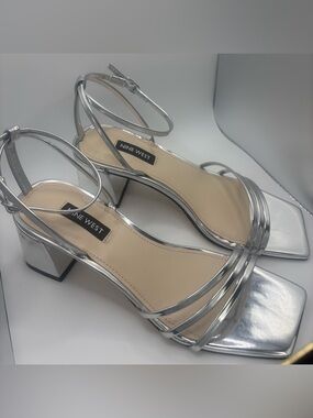 Nine West Metallic Silver Strappy Block Heel Sandals